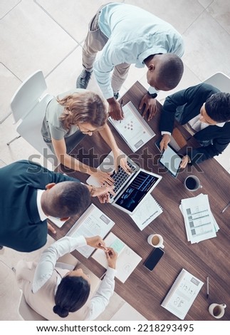 Finance, profit and business people meeting with teamwork, collaboration and analysis of chart, statistics and digital graph analytics. Diversity team, planning strategy and review data report above Royalty-Free Stock Photo #2218293495