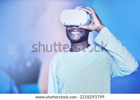 Future of digital innovation, black man with virtual reality headset in AI metaverse or 3d neon background. Gamer vr technology with augmented reality, scifi ux goggles or futuristic Africa