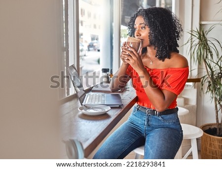 Coffee shop, thinking and black woman drinking her coffee and looking out window. Student working with laptop in cafe, taking a break to drink hot chocolate, think and brainstorm ideas for project