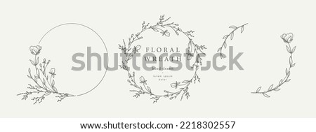Hand drawn floral frames with flowers, branch and leaves. Wreath. Elegant logo template. Vector illustration for labels, branding business identity, wedding invitation Royalty-Free Stock Photo #2218302557