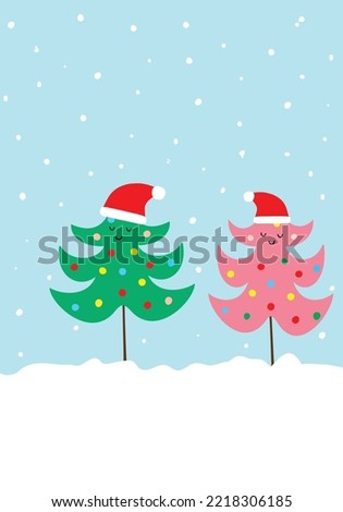 Two cute doodle cartoon Christmas trees decorated with colorful garland in Santa Clause hats. Vector illustration of holiday winter scene in forest falling snow. Copy space for text