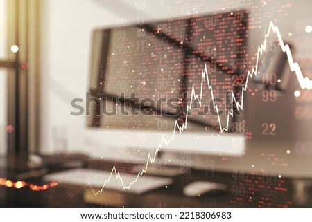 Double exposure of abstract creative financial diagram with world map on computer background, banking and accounting concept