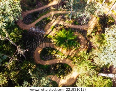 DERBY, AUSTRALIA - SEPTEMBER 25, 2022: The iconic Twisties trail feature from a drone at the popular and Blue Derby mountain bike trail network during springtime in Derby, Tasmania, Australia Royalty-Free Stock Photo #2218310127