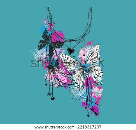 Abstract Butterflies and necklaces with heart. Colorful design for girls shirts