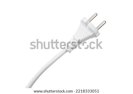 Electric plug on white background. Electric European plug isolated on white background. White power cable with plug. Power cord close-up Royalty-Free Stock Photo #2218333051