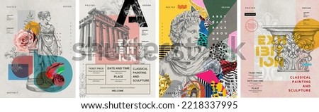 Exhibition, classics and antiquity. Vector illustrations of abstract shapes, ancient greek column, ancient ruins, goddess sculpture and bust for background, flyer or poster Royalty-Free Stock Photo #2218337995