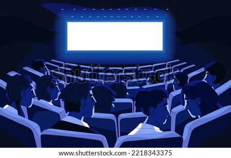 Cinema with audience watching movie on empty blank white screen mockup. Back view of film viewers, spectators sitting in chairs in video theater. People, public at premiere. Flat vector illustration Royalty-Free Stock Photo #2218343375