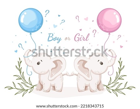 Gender reveal invitation or banner template with baby elephants and helium balloons. Vector illustration Royalty-Free Stock Photo #2218343715