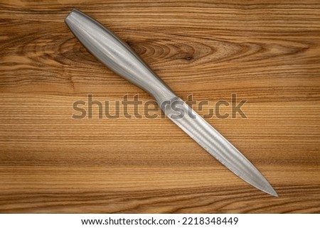 Big kitchen knife lying on a cutting board, gray kitchen knife. Steel kitchen chef's knife.