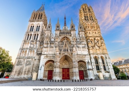 Rouen, Normandy, France. The west front of the Rouen Cathedral famous for its towers. Royalty-Free Stock Photo #2218355757