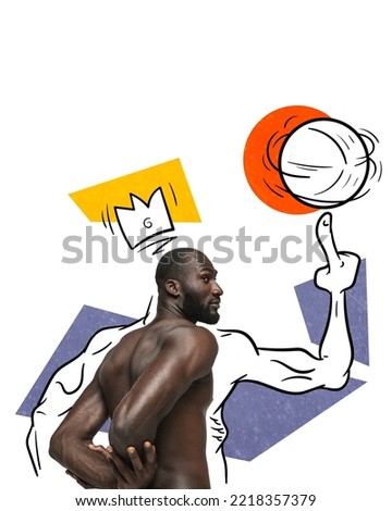 Contemporary art collage. Creative design with young man posing shirtless. Drawn silhouette of sportive man. Basketball dreams. Concept of female beauty, dreams, motivation, sport, creativity.