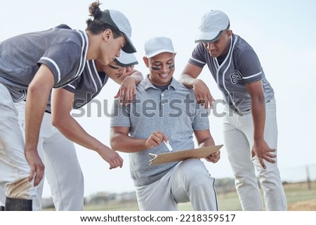 Baseball teamwork, sports coaching and strategy, support and game planning for baseball player competition on pitch. Professional softball athlete group training discussion, goals and collaboration