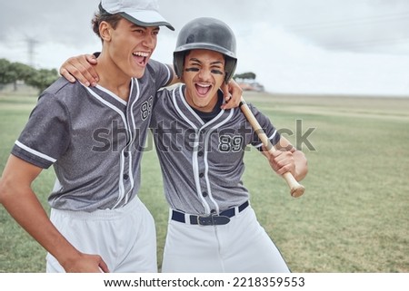 Baseball, success and friends in celebration after winning a sports game or training match on a baseball field in Texas. Smile, teamwork and happy players hugging to celebrate softball achievement
