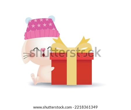 Merry Christmas and Happy new year, and happy bunny rabbit wearing christmas hats santa claus or cap winter with Christmas gift box isolated on white background Vector illustration
