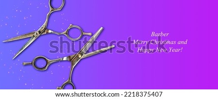 Happy New Year and Merry Christmas Barber. Greeting card for the hairdresser. Hairdressing scissors on a pink background.Copy space. Holidays. Background.