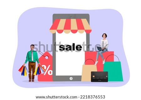 Photo cartoon comics sketch picture of happy smiling ordering clothes stuff online isolated drawing background