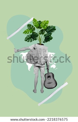 Vertical collage picture of headless black white gamma guy plant leaves instead head hold guitar rucksack hitchhike isolated on painted background