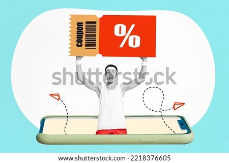 Photo sketch graphics artwork picture of funny funky guy rising discount coupon isolated drawing background Royalty-Free Stock Photo #2218376605