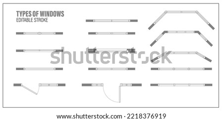 Architectural elements: window for floor plan top view. Set for scheme of apartments. Kit of icons for interior project. Construction graphic design symbol for blueprint view above. Vector