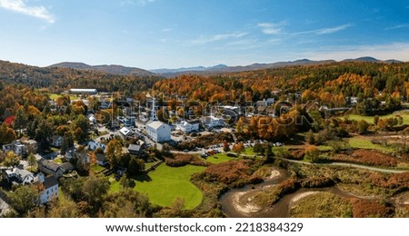 Panoramic aerial view of the town of Stowe in Vermont in the fall Royalty-Free Stock Photo #2218384329