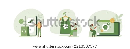 Sustainable fashion illustration set. Characters consciously buying recycling eco friendly or used second hand clothes and shoes. Reduce, reuse, recycle concept. Vector illustration.
 Royalty-Free Stock Photo #2218387379
