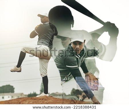 Motion, baseball and sports man in action on baseball field with exposure for pitch movement. Motivation, determination and focus for practice, training and softball game on art design for fitness