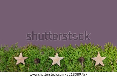 Flat lay Christmas card on violet background with Thuja branches and cones and wooden stars. 