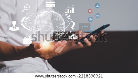 Buinessman using a social media marketing concept on mobile phone with notification icons of like, message, comment and star above smartphone screen.Hand touching tablet pc, social media concept
