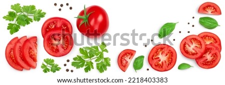 Tomato with slices parsley and peppercorn isolated on white background. Top view. Flat lay Royalty-Free Stock Photo #2218403383
