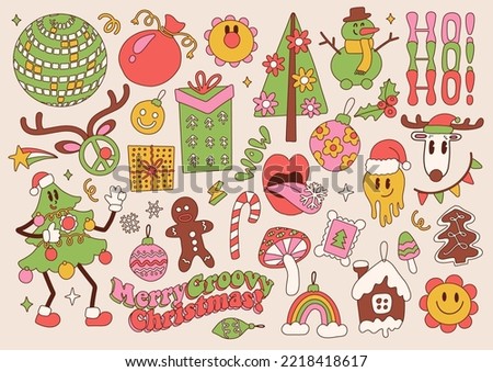 Big set of Merry Christmas groovy retro 70s elements. Groovy Hippie holiday collection clip art. Christmas tree mascot, xmas tree, emoji, gifts, trendy objects. Vector hand drawn illustration.