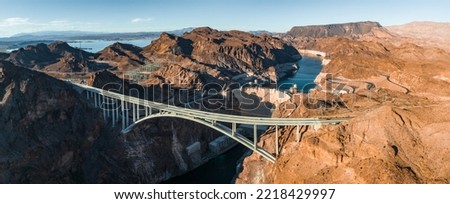 Aerial view of the Hoover Dam in United States. Hydroelectric power station on the border of Arizona and Nevada. Royalty-Free Stock Photo #2218429997