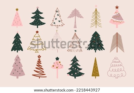 Collection of hand drawn Christmas trees. Festive background. Abstract doodle wood pattern. Colorful vector illustration in flat style.