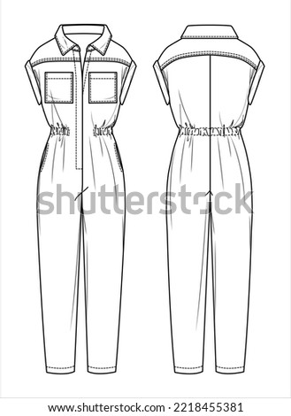Vector woman drop shoulder jumpsuit technical drawing, sleeveless jumpsuit with pockets and elasticized waist fashion CAD, template, flat, sketch, mockup. Jersey or woven fabric jumpsuit, white color Royalty-Free Stock Photo #2218455381