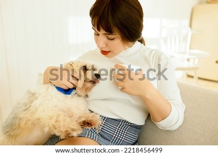 Funny indoor picture of charming young lady having rest sitting on sofa with white coffee mug in hands, hugging her chinese crested dog tightly, while it sticking tongue. Bonding with pets