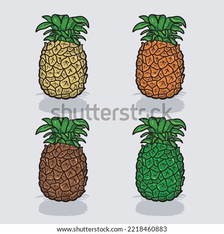 Pineapple Cartoon With Four Color Different. Simple Effect. Vector and Illustration.