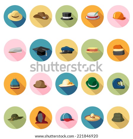Hat icons set in flat design with long shadow. Illustration eps10