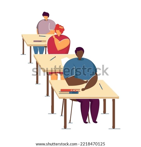 Clip art of pupils in school class. Cartoon boys and girls studying for exam, classroom interior flat vector illustration. School, education concept for banner, website design or landing web page