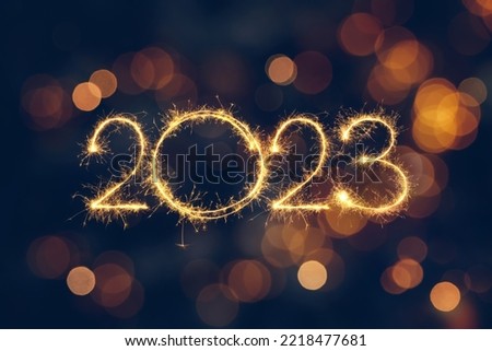 Happy New Year 2023. Beautiful holiday template web banner or billboard with Golden sparkling number 2023 on festive background with copy space for text Royalty-Free Stock Photo #2218477681