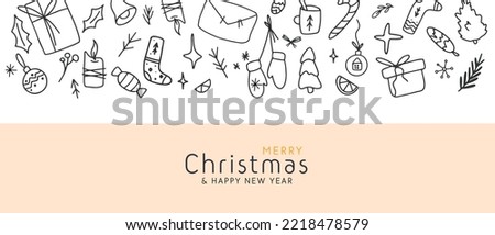 Winter holiday border decoration horizontal Hand drawn poster with winter element ornament. Line art Merry Christmas and happy New Year greeting card for web banner, decoration, wallpaper.  