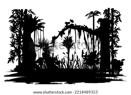 Swamp and trees. Jungle rainforest. Nature landscape silhouette. Dense tropical thickets. Isolated on white background. Vector Royalty-Free Stock Photo #2218489353