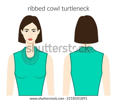 Ribbed cowl turtlenecks neckline clothes character beautiful lady in top, shirt, dress technical fashion illustration with fitted body. Flat apparel template front, back sides. Women men unisex mockup