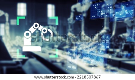 Futuristic factory and robot arm icon. Factory automation. Royalty-Free Stock Photo #2218507867