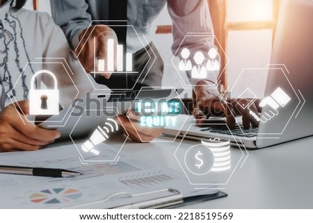 Private equity investment business concept, Business team analyzing income charts and graphs with digital tablet with virtual screen private equity icon on office desk. Royalty-Free Stock Photo #2218519569