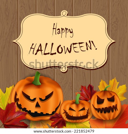 Vector Halloween background with scary pumpkins on wooden surface