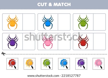 Education game for children cut and match the same color of cute cartoon spider printable bug worksheet