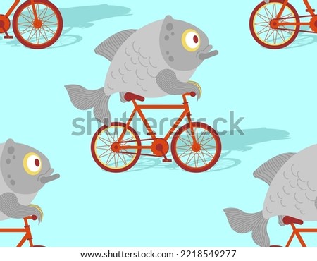 Fish on bike Pattern seamless. Carp on bicycle Cartoon Background. Baby fabric texture