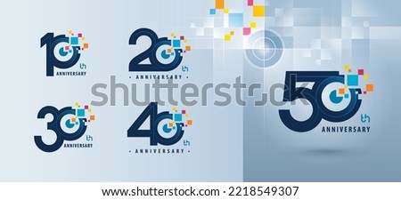 Set of 10 to 50 years Anniversary logotype design, Ten to Fifty years Celebrate Anniversary Logo multiple Pixel for celebration event, invitation, 10, 20, 30 ,40, 50, color Eye Pixel, Target Sign logo Royalty-Free Stock Photo #2218549307