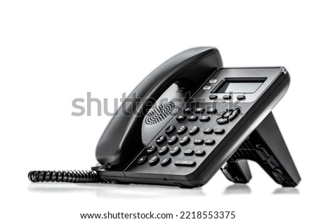 Telephone with VOIP isolated on white background. customer service support, call center concept. Modern Phone VoIP. Communication support, call center and customer service help desk Royalty-Free Stock Photo #2218553375