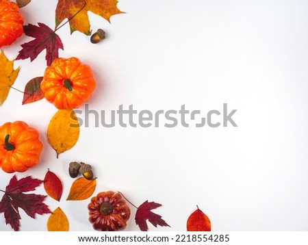 Leaves and pumpkins on a light background, view from above. Design for different purposes.