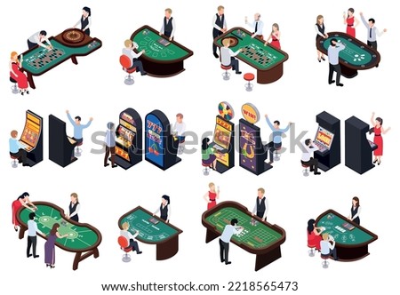 Casino isometric set with isolated views of gaming tables with cards chips roulette dealers and slots vector illustration Royalty-Free Stock Photo #2218565473